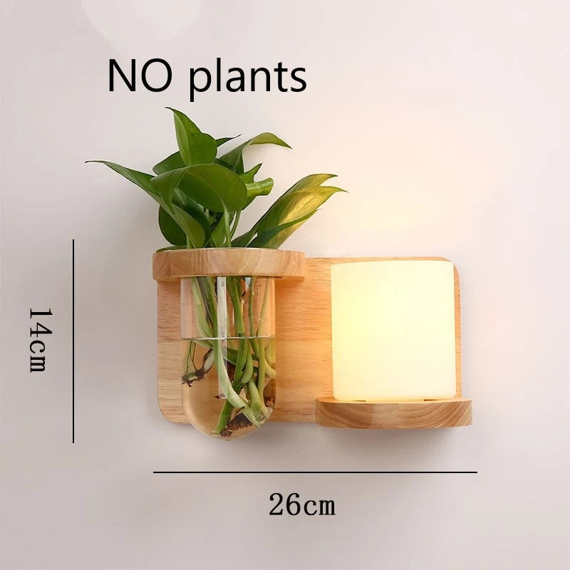 Modern Wooden LED Wall Lamp with Green Plant Design – Nordic Home Decor