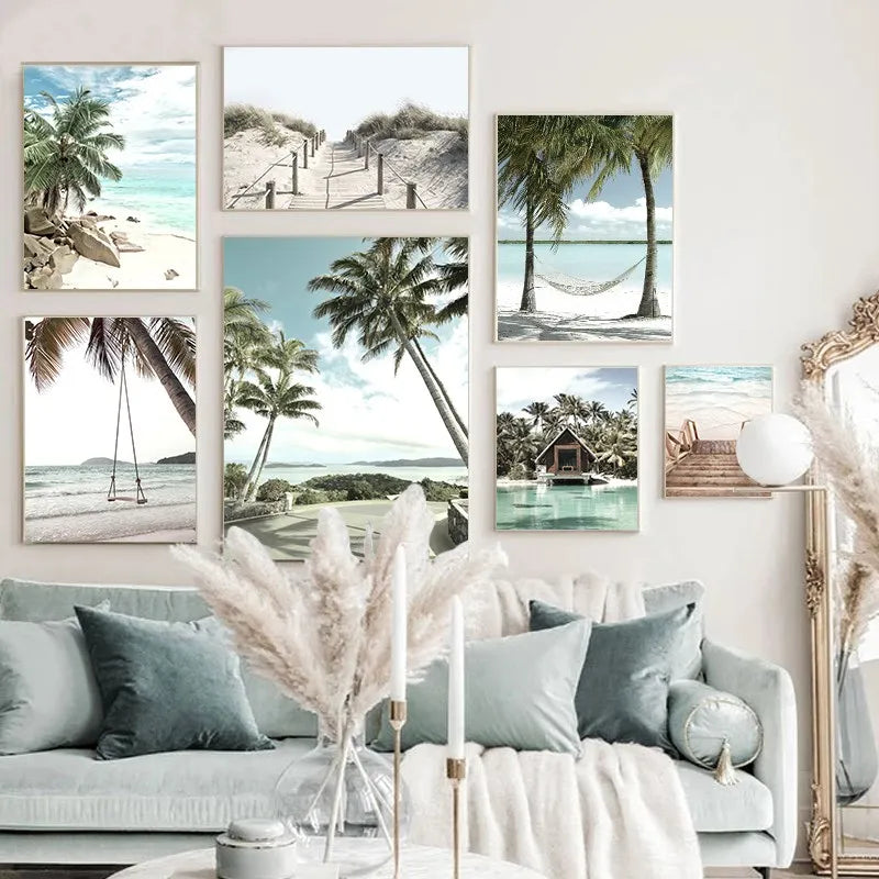 Tropical Beach Ocean Palm Tree & Banana Leaves Canvas Poster