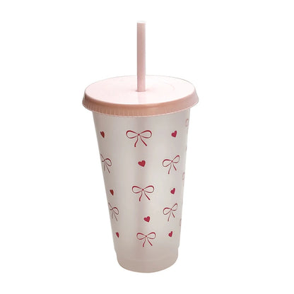 1Pc a Cute Bowknot Water Bottle Aesthetic Tumbler For Ice Coffee Juice Te Plastic Cups With Straw Lid Portable Drinking Bottle