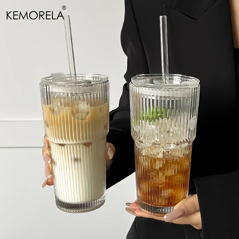 600ML Stripe Glass Coffee Cup with Lid