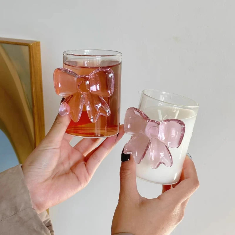 Pink Bow Princess Glass Juice Mug with Handle High Aesthetic for Girls Birthday Party Gift Cute Drinkware Milk Tea Cup