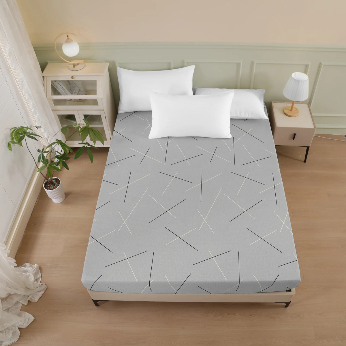 Geometric Star Pattern Printed Fitted Sheet, 1-Piece Mattress Cover (Pillowcase and Pillow Insert Not Included), Simple Line Design Polyester Fiber 3D Dirt-Resistant Mattress Protector, Soft and Breathable Polyester Fitted Sh