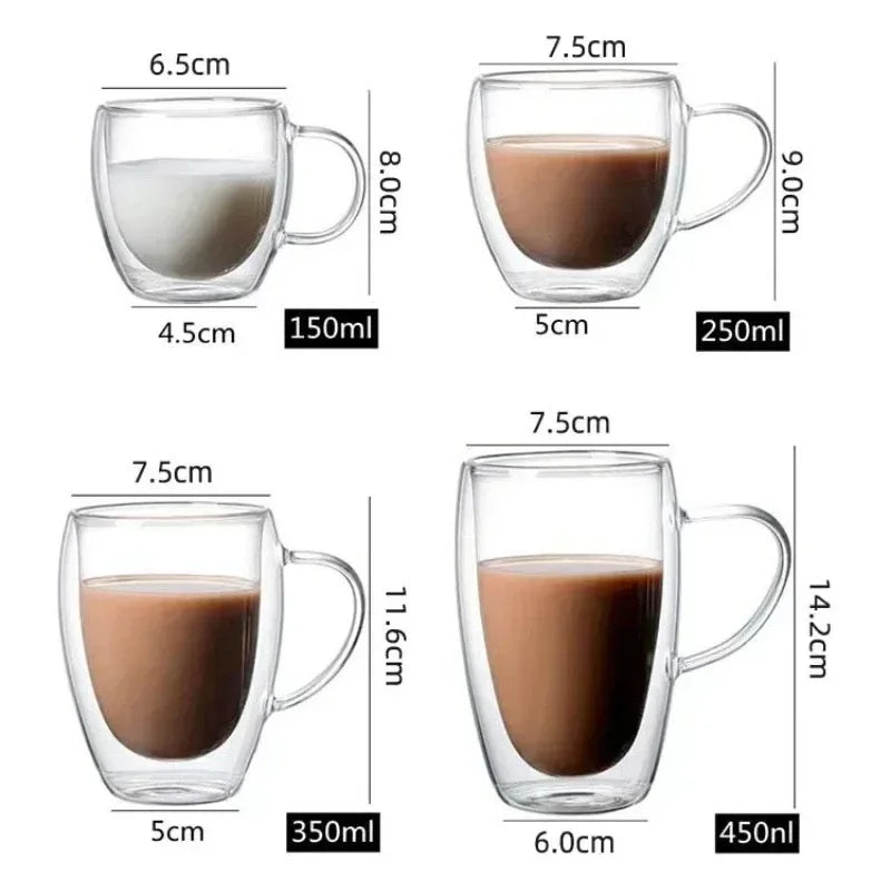 150/250/350ml Heat Resistant Glass Cups Double Wall Glass Coffee Cup with Handle Breakfast Milk Water Cup Clear Juice beer Cups