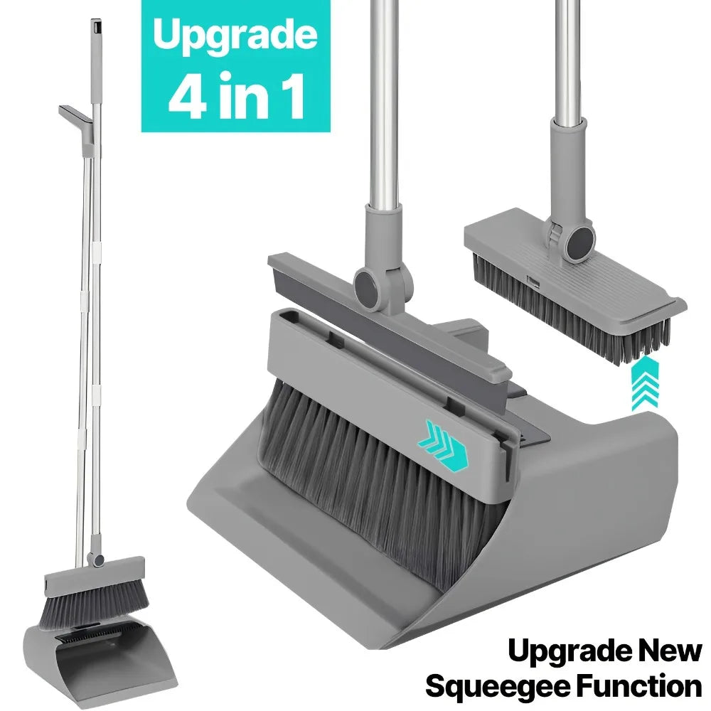 4 in 1 Broom Dustpan Set with Hidden Squeegee for Glass Grease Cleaning Home Use