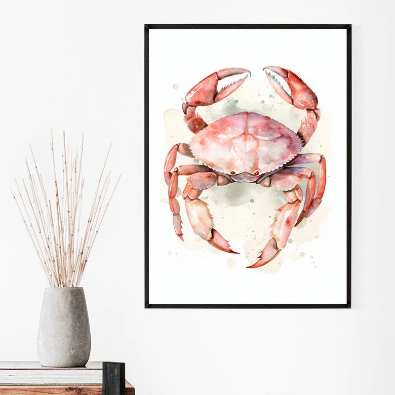Watercolor Blue Coastal Sea Creatures Canvas Wall Art Posters
