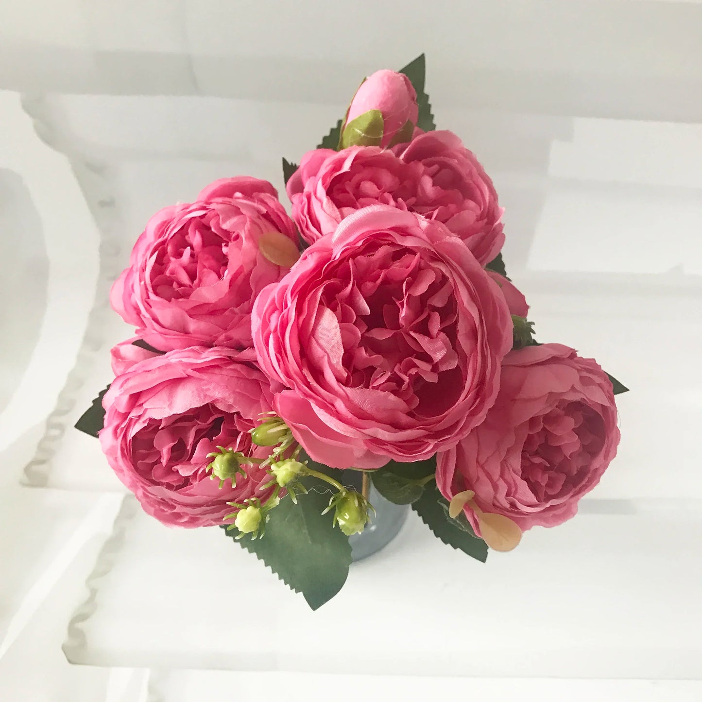30cm Premium Rose Pink Silk Peony Bouquet (5 Big Heads & 4 Buds)