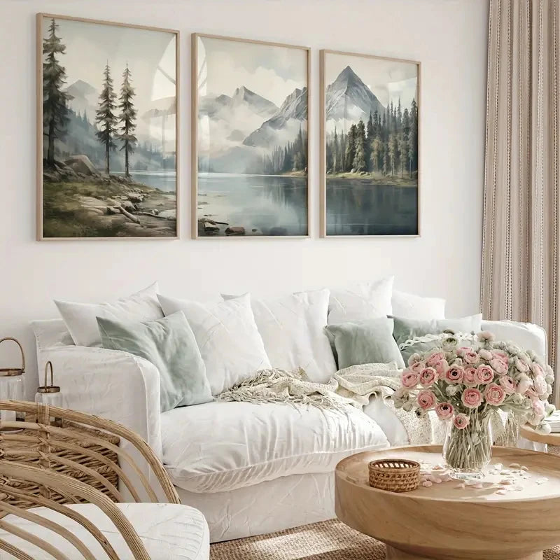 3-Piece Minimalist Green Landscape Nature Art Print for Living Room