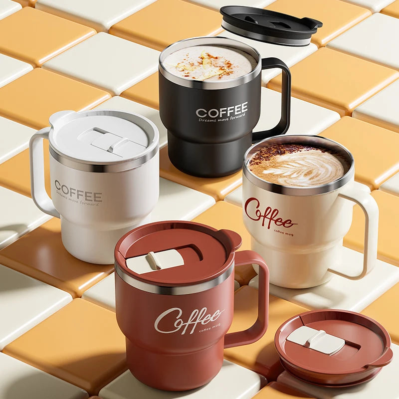 1pc 304 Stainless Steel Double Wall Insulated Coffee Cup With Handle Portable Students Leak-proof Water Cup Milk Coffee Mug