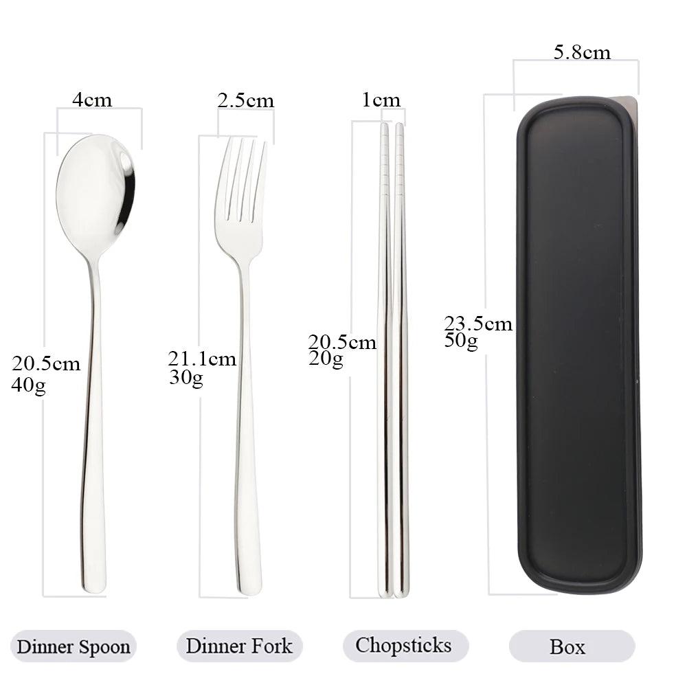 3-Piece Stainless Steel Cutlery Set with Storage Box – Portable Spoon, Fork &amp; Chopsticks