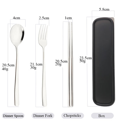 3-Piece Stainless Steel Cutlery Set with Storage Box – Portable Spoon, Fork &amp; Chopsticks