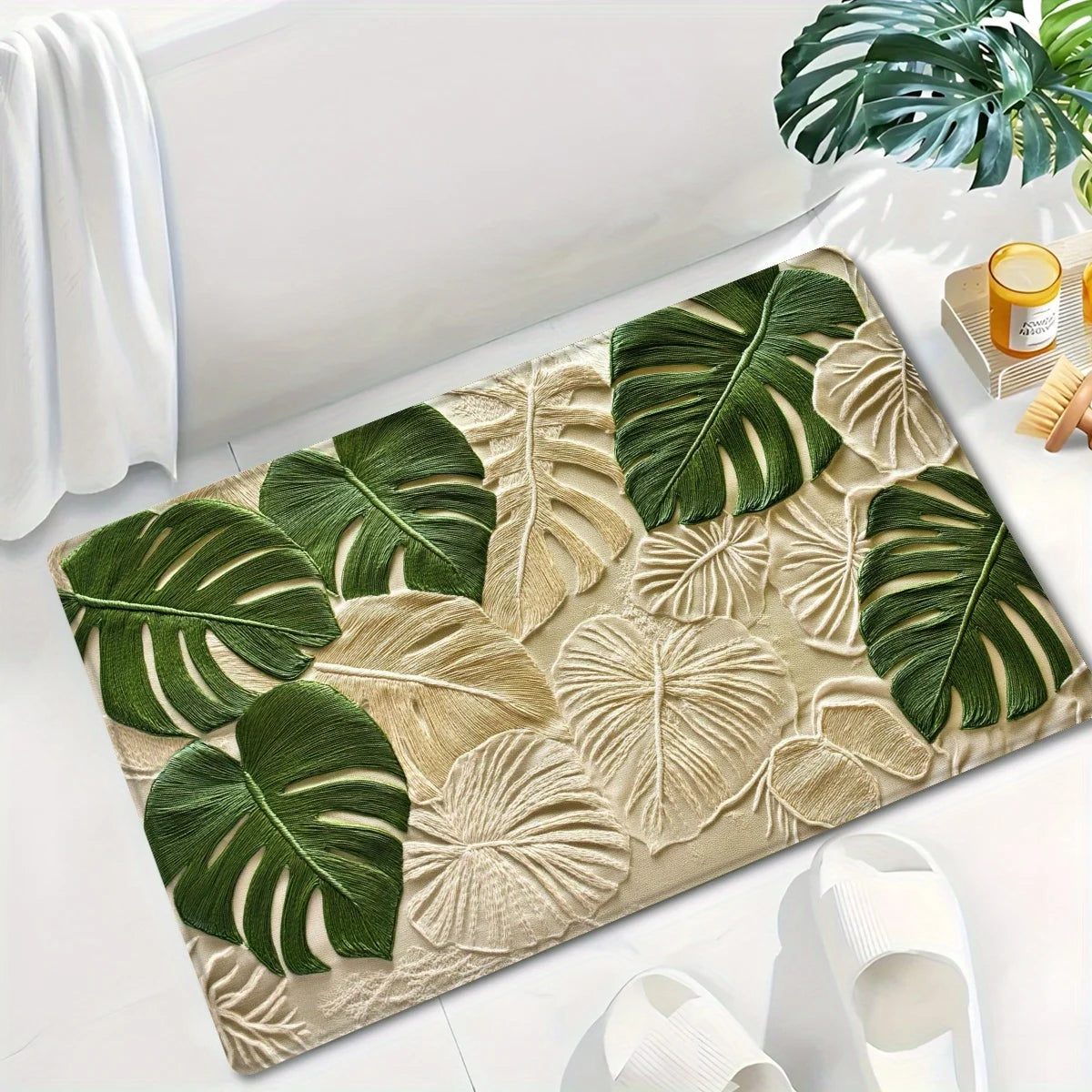 Tropical Leaf Print Doormat - Modern Non-Slip Bathroom Kitchen Rug, Natural Decor Mat for Home Entrance Tub Side