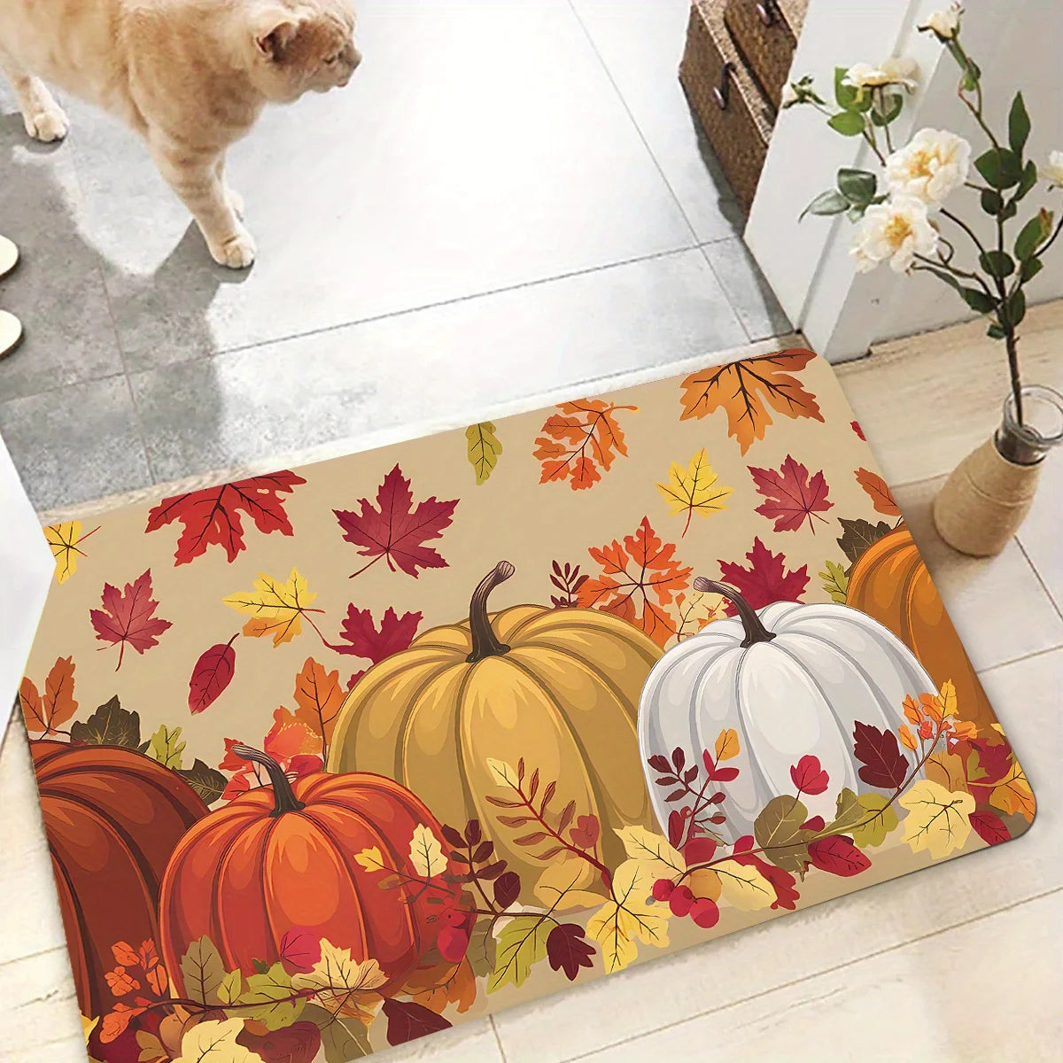 VIKAMA Thanksgiving Carpet Pumpkin Maple Leaf Carpet Kitchen Rug Long Carpet Doormat Living Room Bedroom Sofa Soft Floor Mat