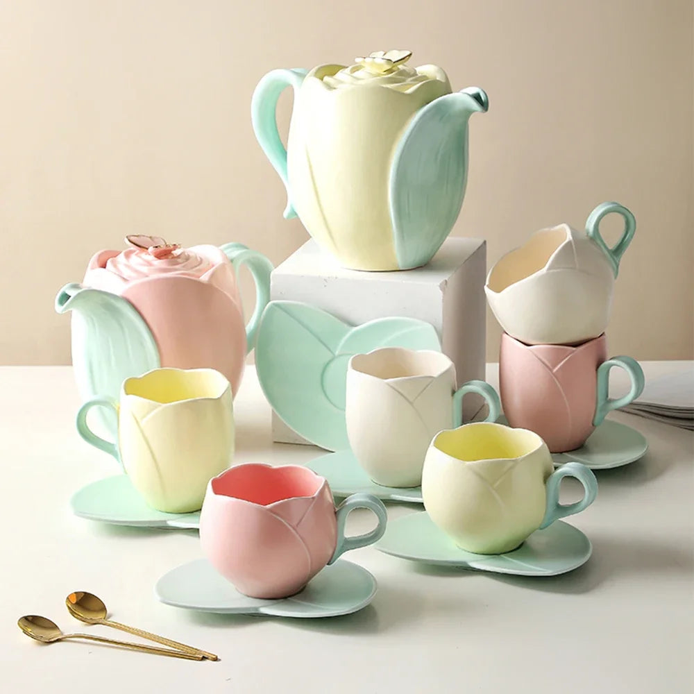 European-Style Tulip Ceramic Milk Tea & Cappuccino Cup Kit