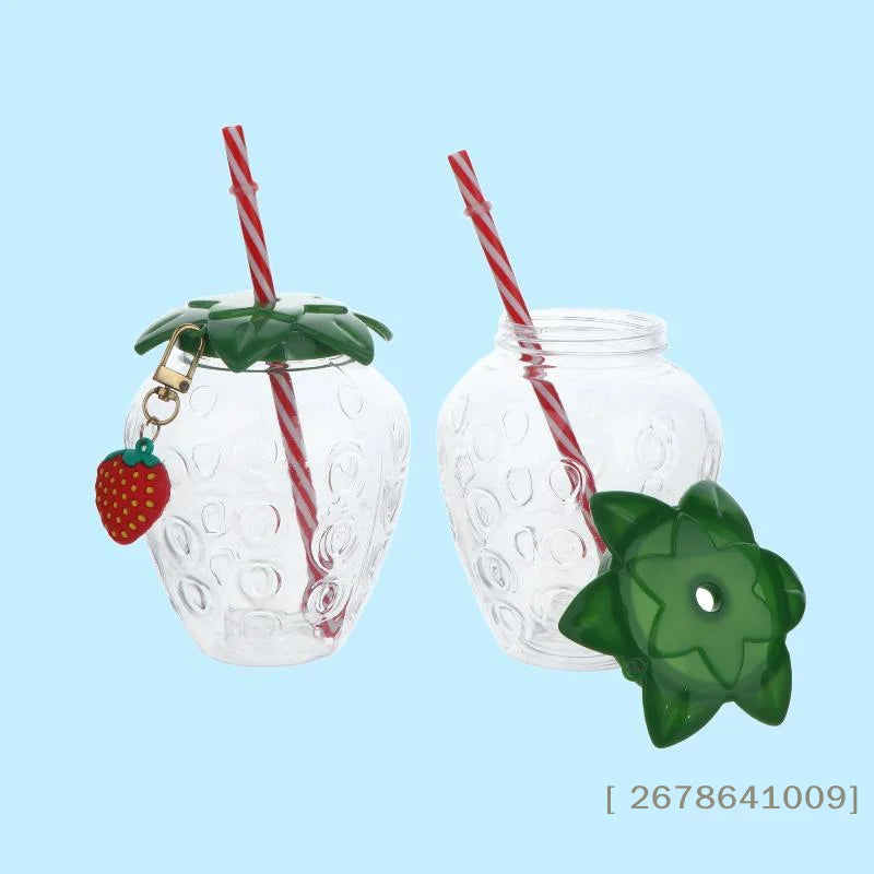 ⚑Strawberry Shaped Plastic Cup With Straw Cute Water Bottle Portable Drinking Cup Beverage Cups For Summer Party Home Use