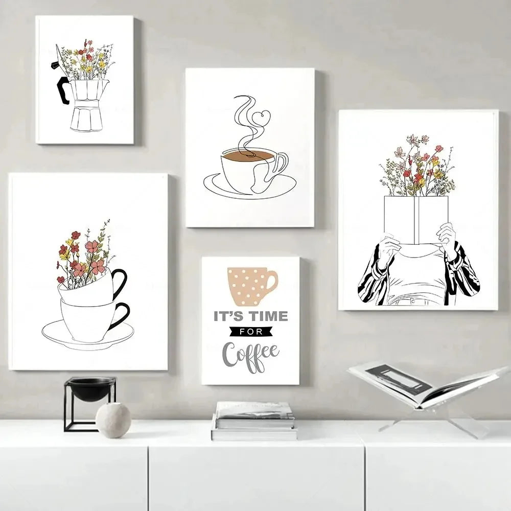 Canvas Painting Cafe Shop Posters Kitchen Wall Decor Nordic Coffee Flowers Wall Art Pictures Print Minimalist Line Coffee Mug