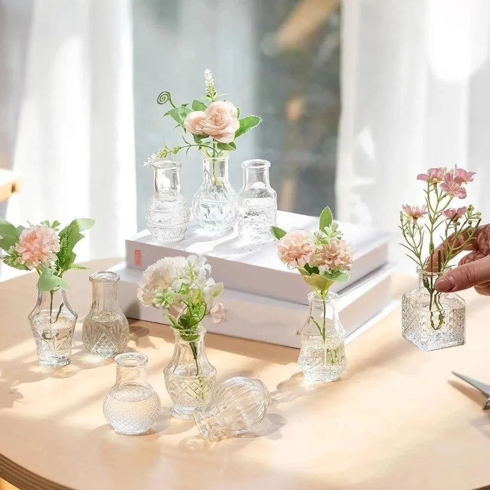 10PCS Retro Mini Glass Vase Set – European Style Decorative Flower Vases