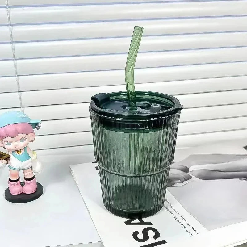 450ml Stripe Glass Cup with Lid & Straw 🥤✨