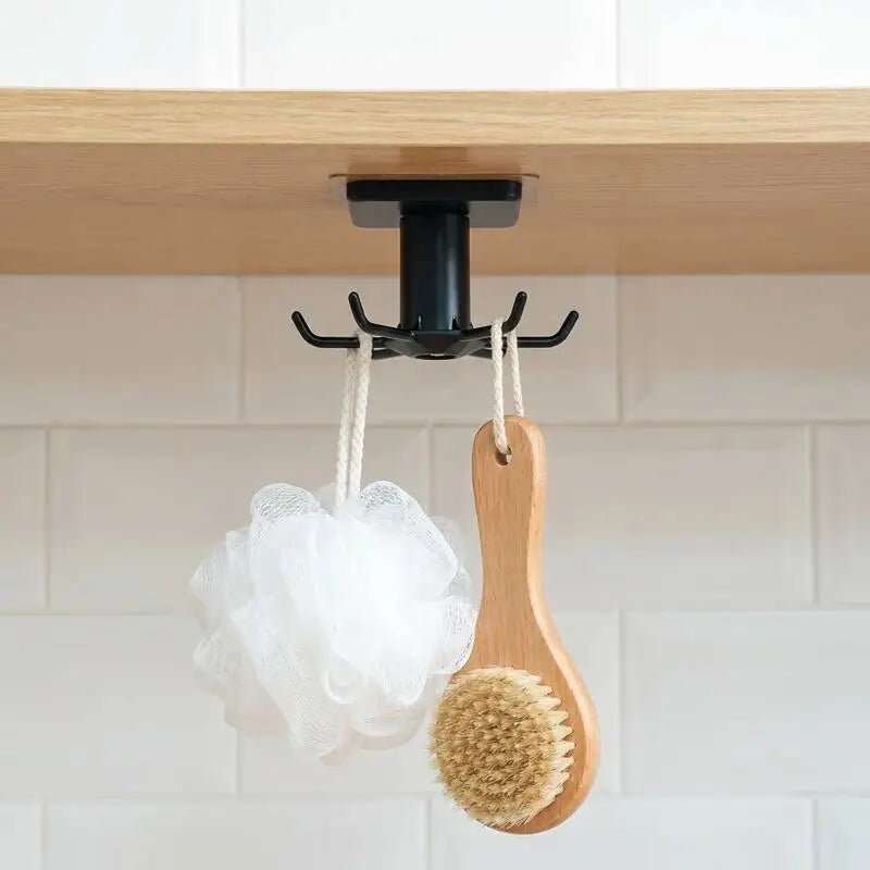 360 Rotating Kitchen Hooks Adhesive Utensil Organizer Rack with 6 Hooks No Drill Cabinet Mount for Spoons Towels &amp; Cups