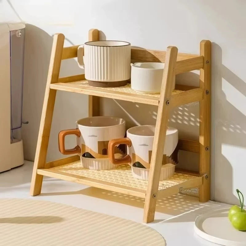 Retro Bamboo 2 Layer Storage Rack Countertop Organizer Stable Kitchen Shelf for Home Hotel Apartment Dressing Table