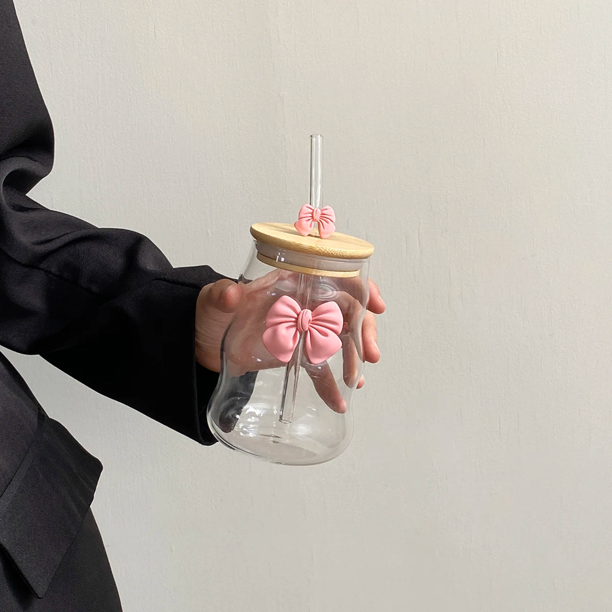 Elegant Bow-Knot Wavy Glass Cup with Lid & Straw 🎀🥤