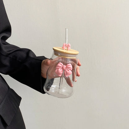 Elegant Bow-Knot Wavy Glass Cup with Lid & Straw 🎀🥤