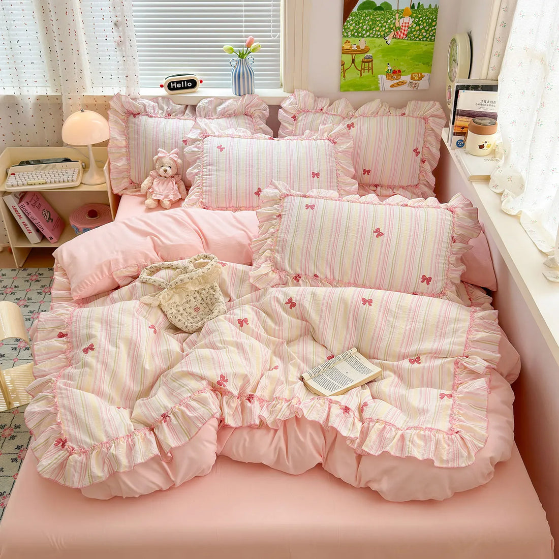 3pcs pink seersucker Duvet Cover Set (1*Duvet Cover + 2*Pillowcase, Without Core),pink bow Bedding Set