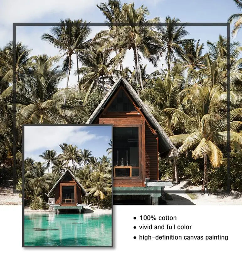Tropical Beach Ocean Palm Tree & Banana Leaves Canvas Poster