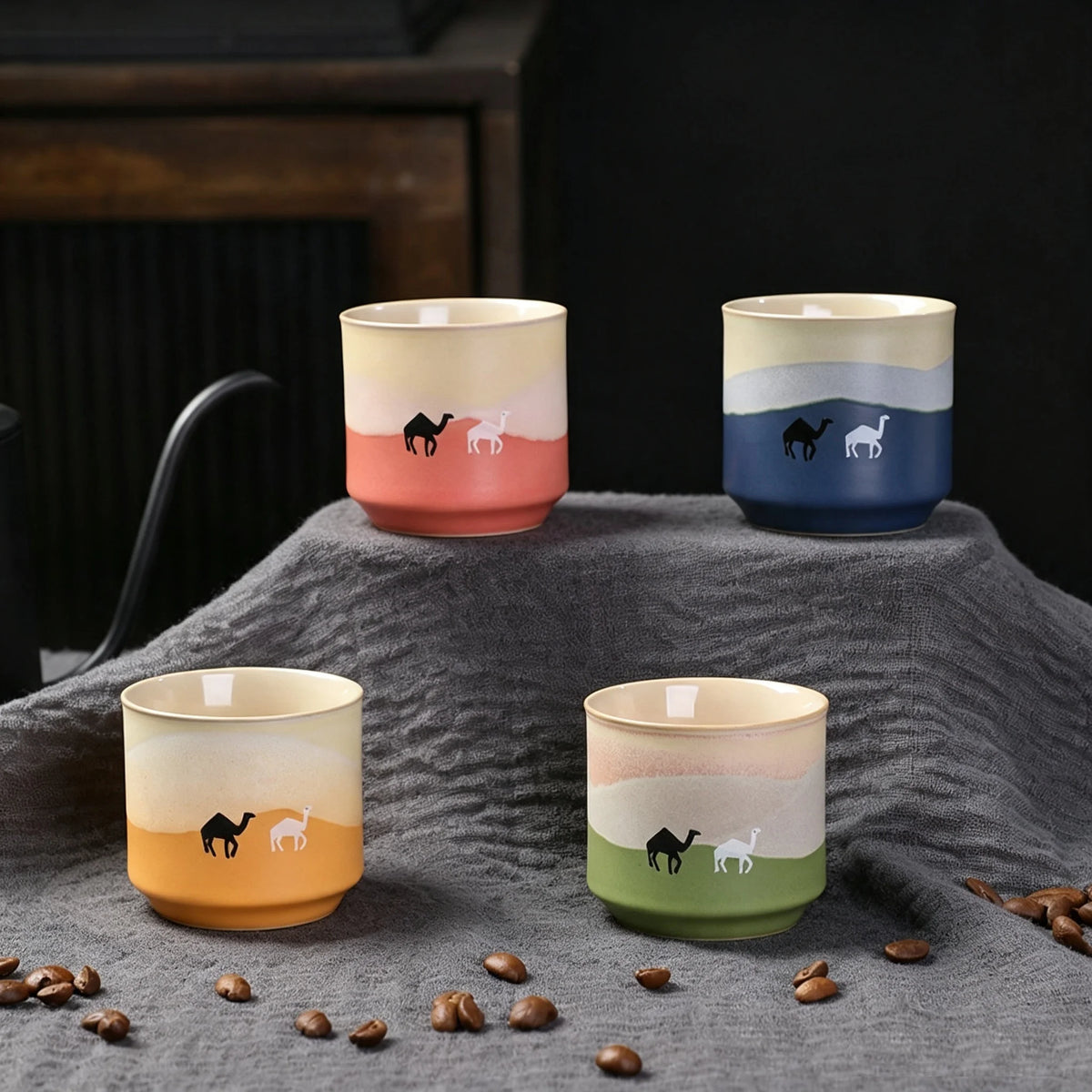 Retro Small Tea Cups 2oz 60ml Coarse Ceramic Camel Print Mini Coffee Mugs