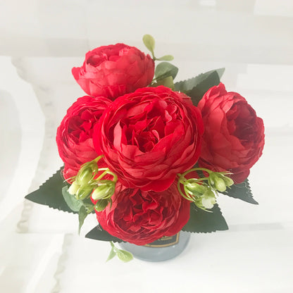 30cm Premium Rose Pink Silk Peony Bouquet (5 Big Heads & 4 Buds)