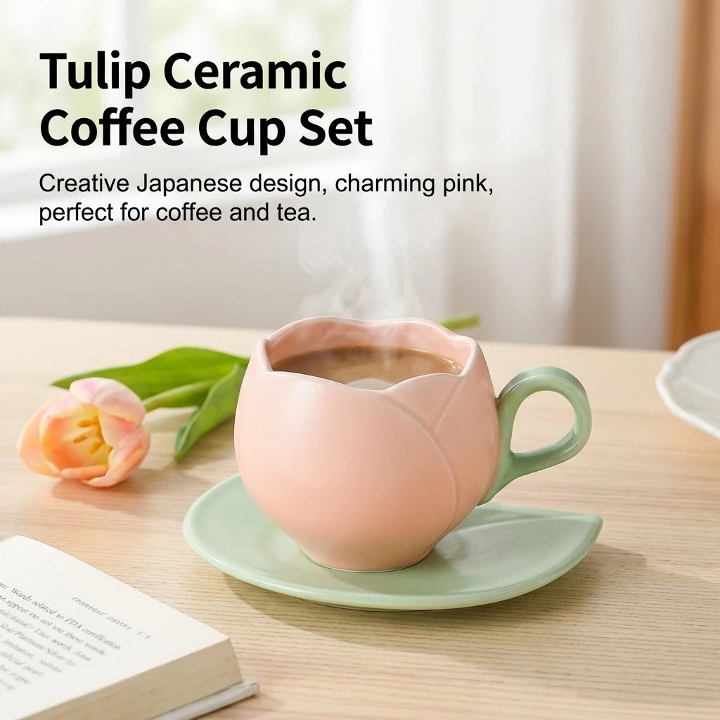 Ceramic Coffee Cup And Saucer Set Tulip Shape Japanese Style Design for Women