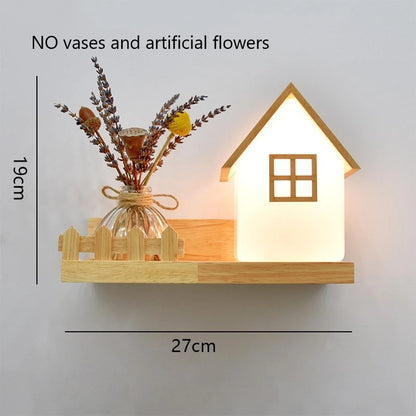 Modern Wooden LED Wall Lamp with Green Plant Design – Nordic Home Decor