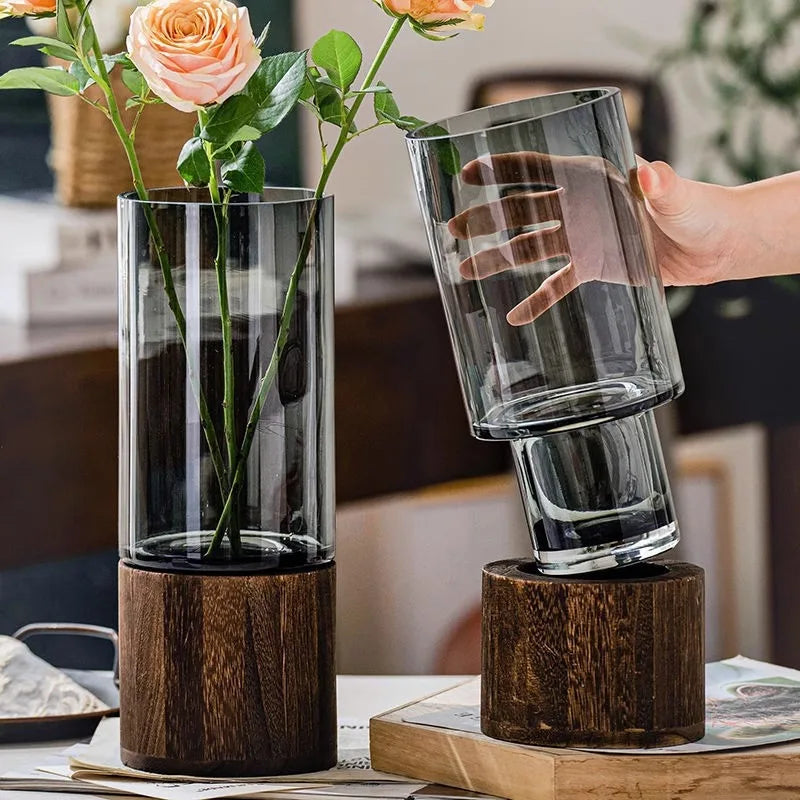 Minimalist Glass Vase with Wooden Base – Modern Hydroponic Plant Decor