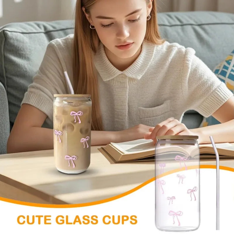 Cute 500ml Bow Glass Cup with Lid and Straw for Iced Coffee