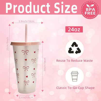1Pc a Cute Bowknot Water Bottle Aesthetic Tumbler For Ice Coffee Juice Te Plastic Cups With Straw Lid Portable Drinking Bottle