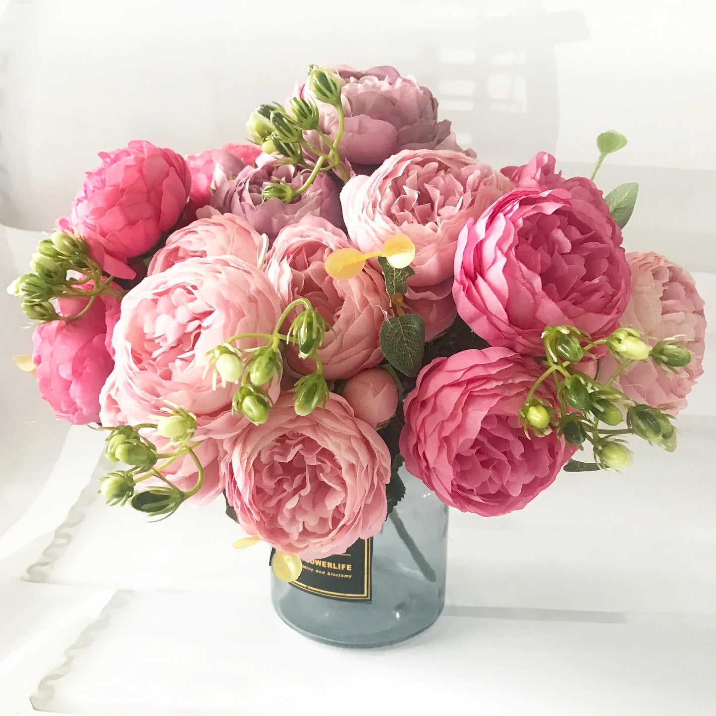 30cm Premium Rose Pink Silk Peony Bouquet (5 Big Heads & 4 Buds)