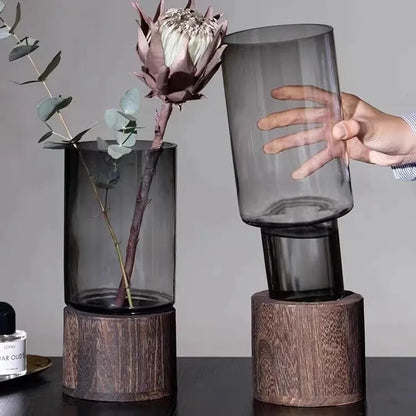 Minimalist Glass Vase with Wooden Base – Modern Hydroponic Plant Decor