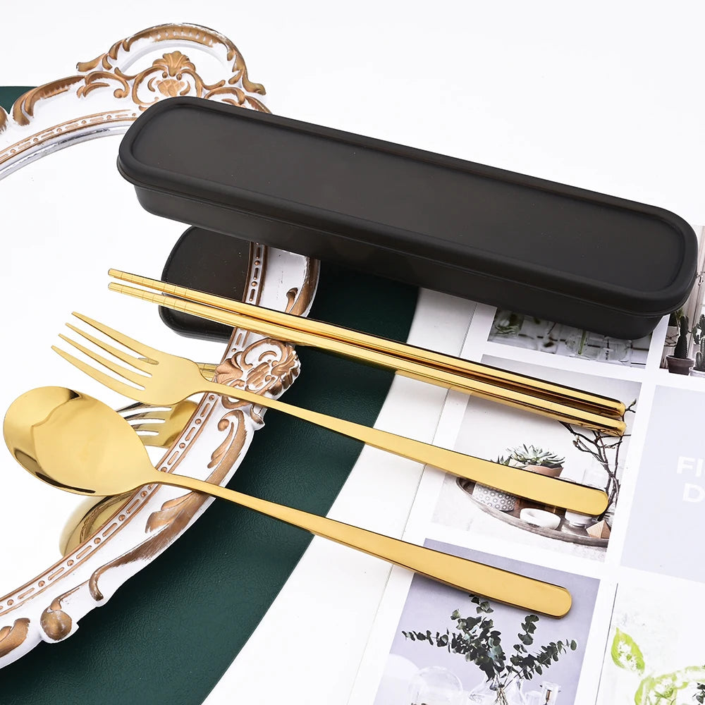 3-Piece Stainless Steel Cutlery Set with Storage Box – Portable Spoon, Fork &amp; Chopsticks