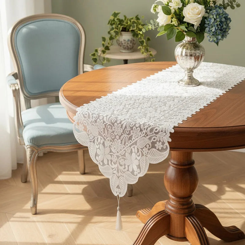 Retro French Lace Table Flag White Embroidered Long Tablecloth for Dining Sideboard TV Cabinet Chest of Drawers Shoe Cabinet Dec