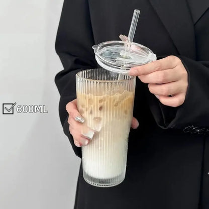 600ml Stripe Glass Cup with Lid & Straw 🥤✨