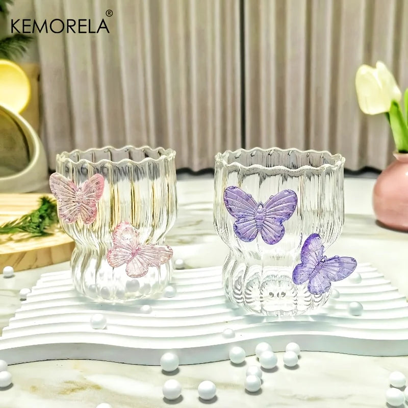 3D Butterfly Striped Glass Coffee Cup 🦋☕