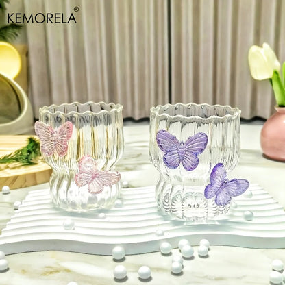 3D Butterfly Striped Glass Coffee Cup 🦋☕