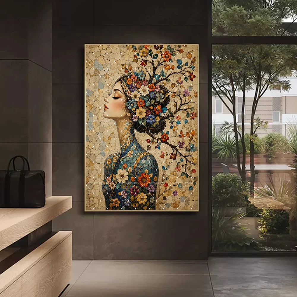 Mosaic Abstract Floral Woman Canvas Painting Wall Art Boho Woman With Flower Print Botanical Lady Tree Of Life Poster Home Deco