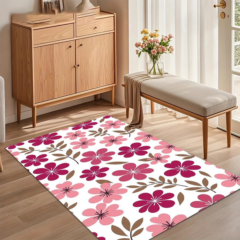 White Pink Magenta Floral Area Rug for Living Room Bedroom Cheerful Modern Home Decor Soft Non Slip Washable Floor Mat