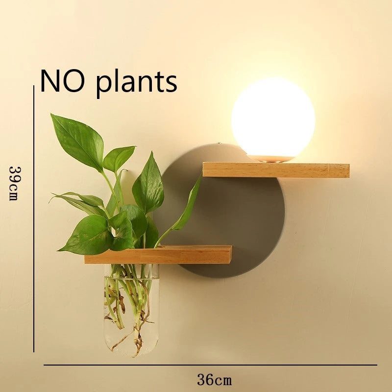 Modern Wooden LED Wall Lamp with Green Plant Design – Nordic Home Decor