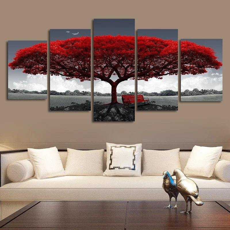 5Pcs/Set Modern Red Lucky Tree Wall Art Canvas Posters
