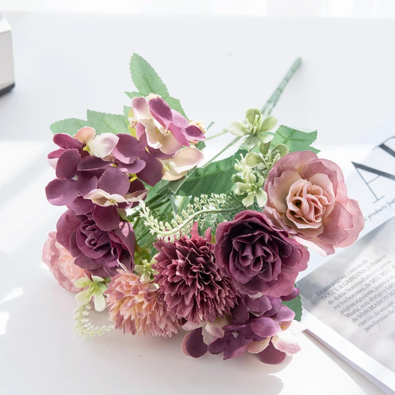 30CM Premium Silk Roses & Hydrangea Bouquet for Wedding Wreaths
