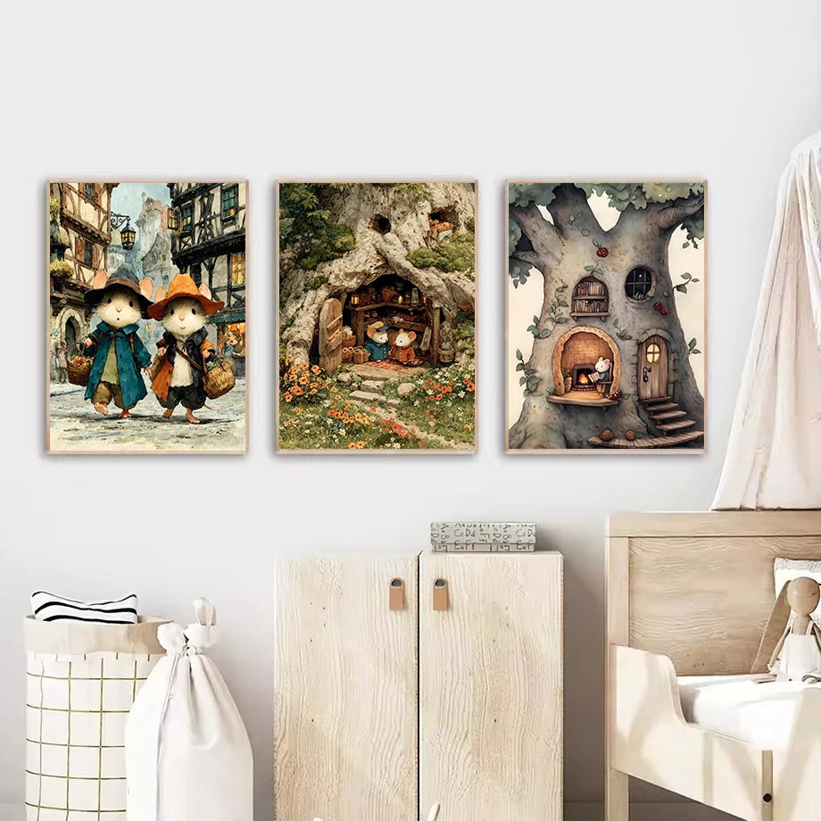 Retro Reading Mouse Canvas Wall Art 🐭📖🌿