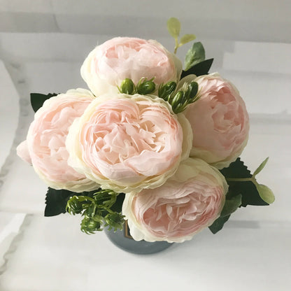 30cm Premium Rose Pink Silk Peony Bouquet (5 Big Heads & 4 Buds)
