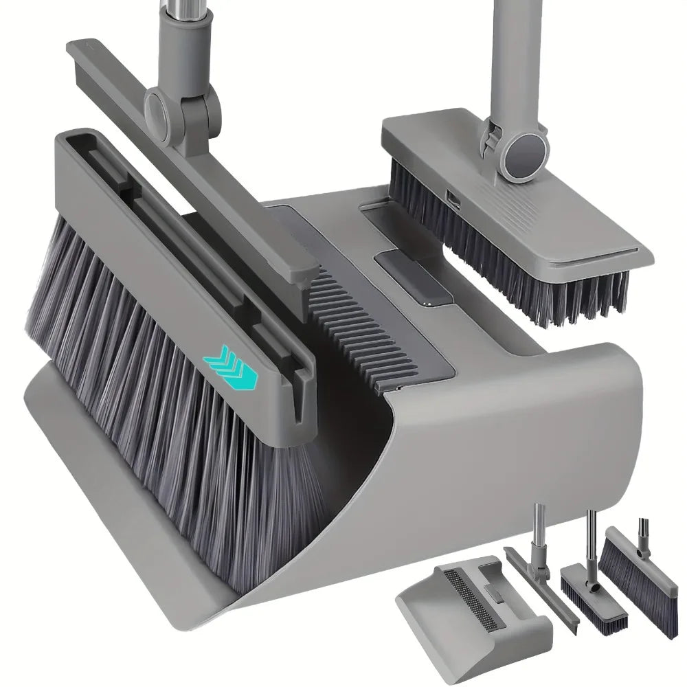 4 in 1 Broom Dustpan Set with Hidden Squeegee for Glass Grease Cleaning Home Use