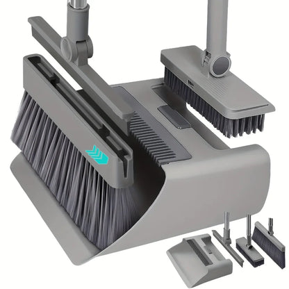 4 in 1 Broom Dustpan Set with Hidden Squeegee for Glass Grease Cleaning Home Use